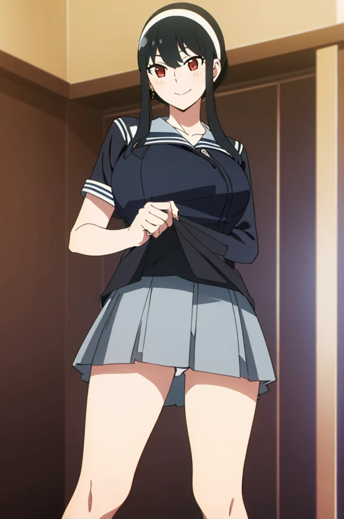 (masterpiece, highest quality: 1.2), alone, 1 girl, alone, panties,,黒いschool uniform,Sailor suit,blazer,skirt lift,your heather, smile, Mouth closed, View audience, Long black hair, head band, Earrings, Big Breasts, Medium Waist, Medium Hips, wide thighs, Embarrassing, attractive, smiling with her Mouth closed, Good move., Excellent anatomy,panties,classroom,,Sailor suit,blazer,