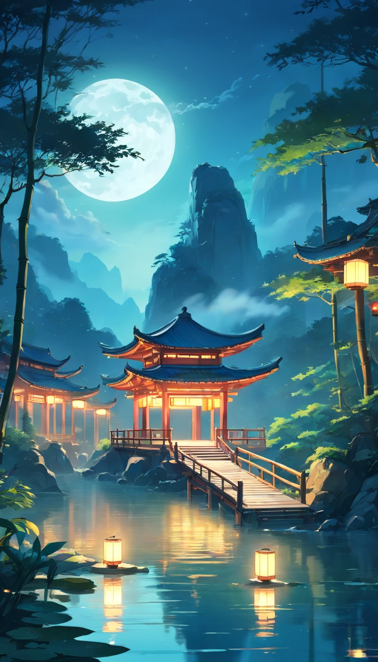 masterpiece, Best quality, Chinese martial arts styles, Asian night view with lanterns and water lilies, Asian lagoon at night with many lanterns and boats,There are a lot of lights and boats on the water, Lake, lotus, beautiful night view, (( (Chinese martial arts styles))), and the vast sky, rolling mountains and steep cliffs, Ink style, Contour light, atmosphere, Depth of Field, The fog rises, bamboo, pine, Octagonal Stone Pavilion, Waterfall, Big Full Moon, (no color), monomer, Light tones,