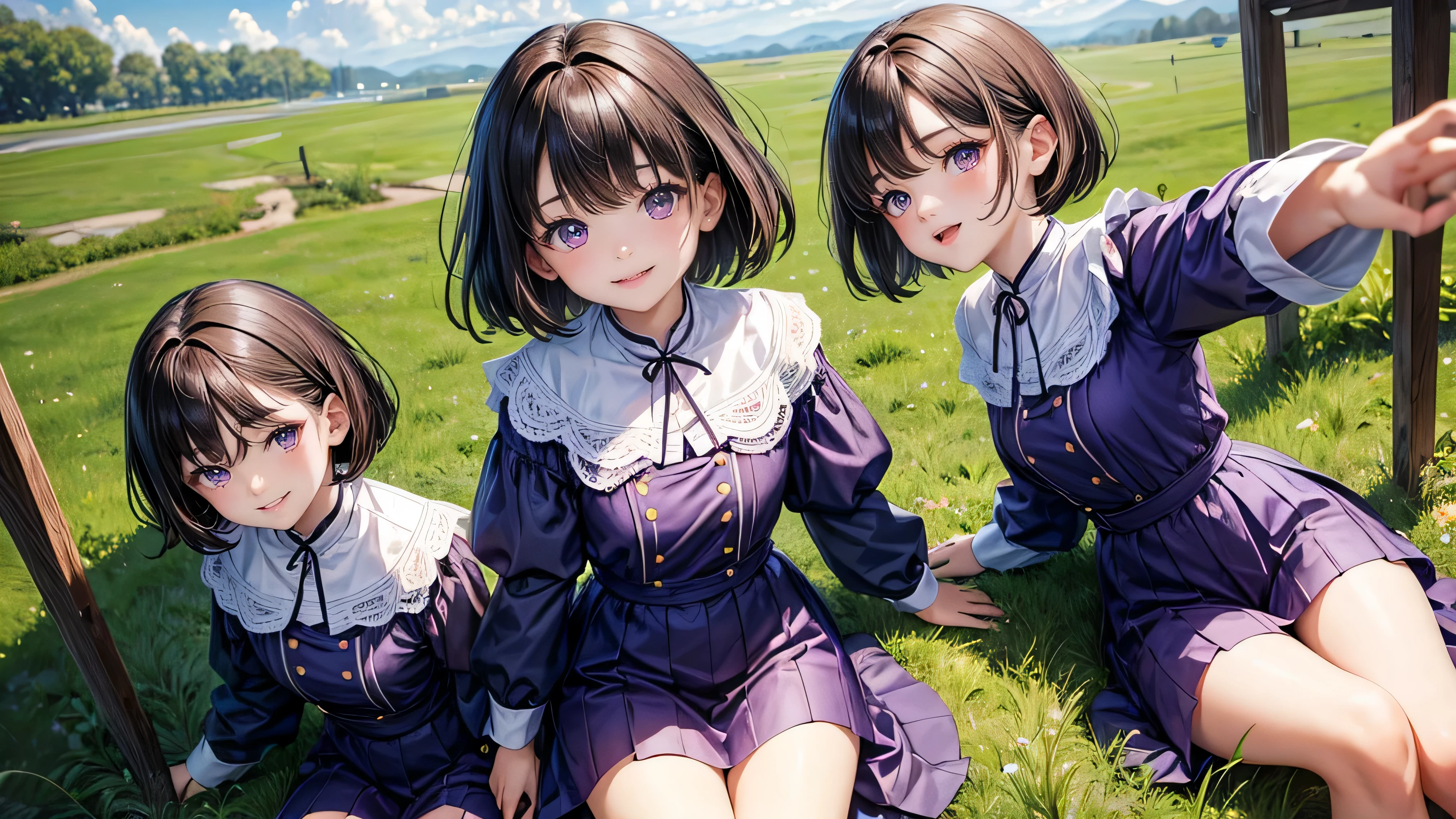 very cute（twin girls）、14 years old、Dark brown hair、Bobcut、short hair、Purple eyes、smile、Clear white skin、whole body、grassland。8k、4K、High resolution、detailed、