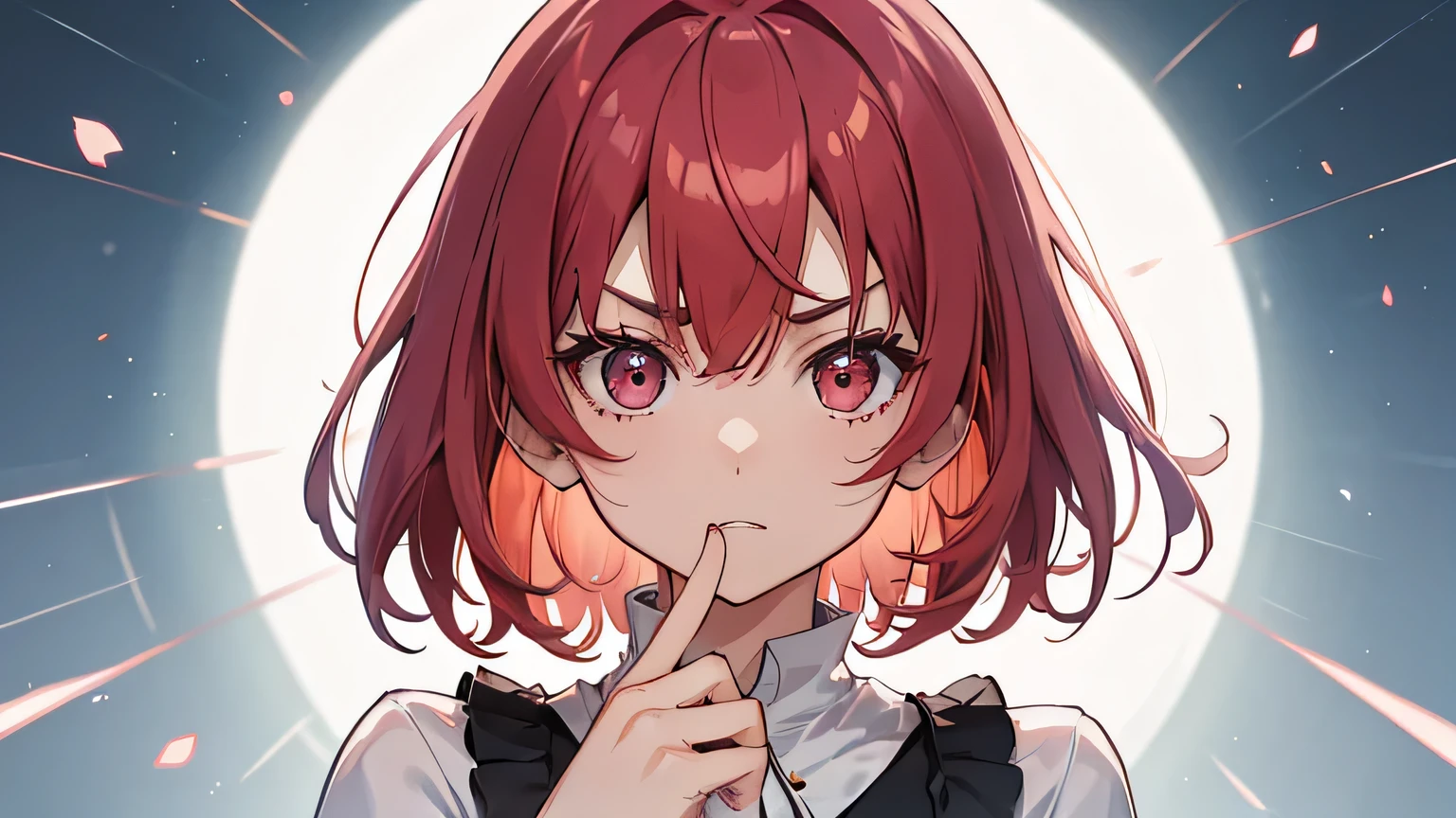 One girl, bangs, Eyebrows visible through hair, short hair, Reddish pink hair, Akane_eimura, Casual Dresses, Point your finger at viewers, View the viewer, Angry reactions,