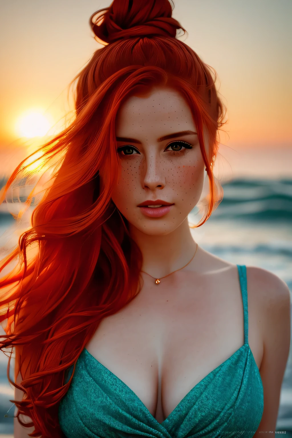 portrait photo of LenkaRegalova beautiful woman, red hair, topknot, in ocean, sun dress, (masterpiece) (best quality) (detailed) (8k) (HDR) (wallpaper) (cinematic lighting) (sharp focus) (intricate)