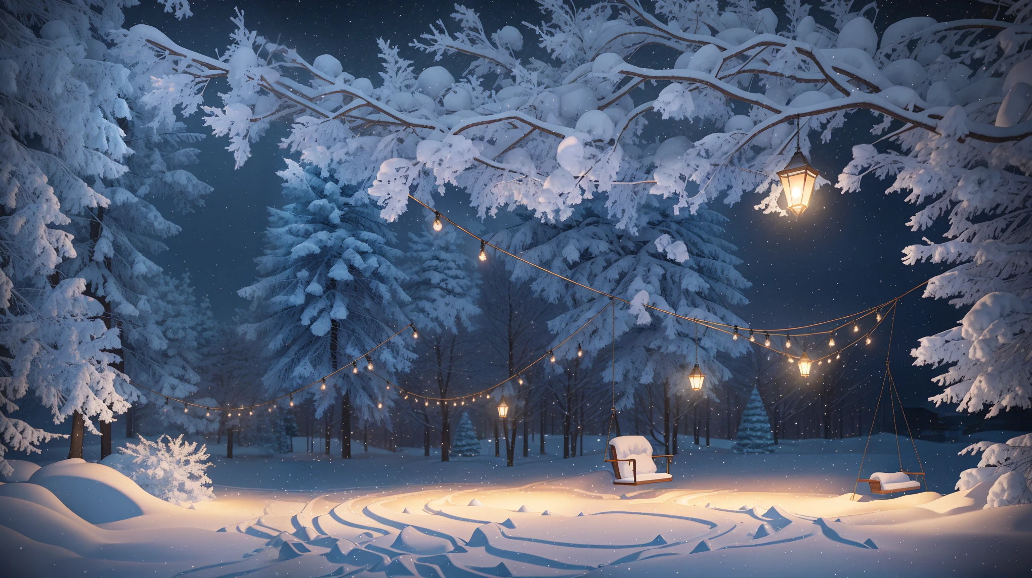 There is a lighted swing in the snow, Snowy Night, Winter Night, Cinematic outdoor lighting, Rendered in Cinema 4D, Render in Cinema4D, Inspired by Krzysztof Boguszewski, Night rendering, High-quality 3D rendering, High quality 3D rendering, Atmospheric cold lighting, realistic cinema 4 d render