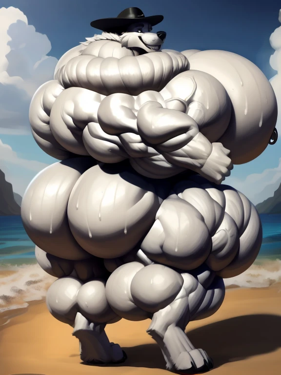 4k, high resolution, best quality, perfect lightning, perfect, solo, anthro, young, boy,white wolf:2.0, furry body, (fluffy mane:1.2), fluffy tail, male, adult, (bulky, thick muscles2:0, huge muscles:2.0, hyper muscles:2.0), (thick biceps, veiny biceps, broad shoulders:2.0), (thick legs, thick calves:1.1), (digitigrade legs, 4 toes:1.2), perfect colors, (photorealistic fur, detailed fur, epic, masterpiece), (suggestive posing:1.2), (seductive smile, lustful grin 1.3), detailed beach:2.0,detailed wolf eyes:2.0, by k0suna, by darkgem，nipple ring，hyper arms:2.0，veins,white body,white fur,hyper butt:2.0,hyper paws:2.0，standing，thick legs，thick butts:2.0,sweat body:2.0,massive butt:2.0,black hat,hyper ass:2.0,huge ass:2.0,presenting butt:2.0,long legs,juicy butt:2.0,hyper ass,presenting back