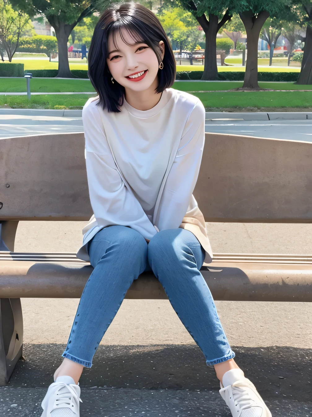 highest quality)), ((masterpiece)), (Get used to it), Perfect Face、((highest quality)), A neat and beautiful woman sitting on a park bench、Long sleeve blouse、Skinny jeans、sneakers、Black Hair、Short Haircut、smile、smile showing teeth、Full body photo、Ear Piercing Information
