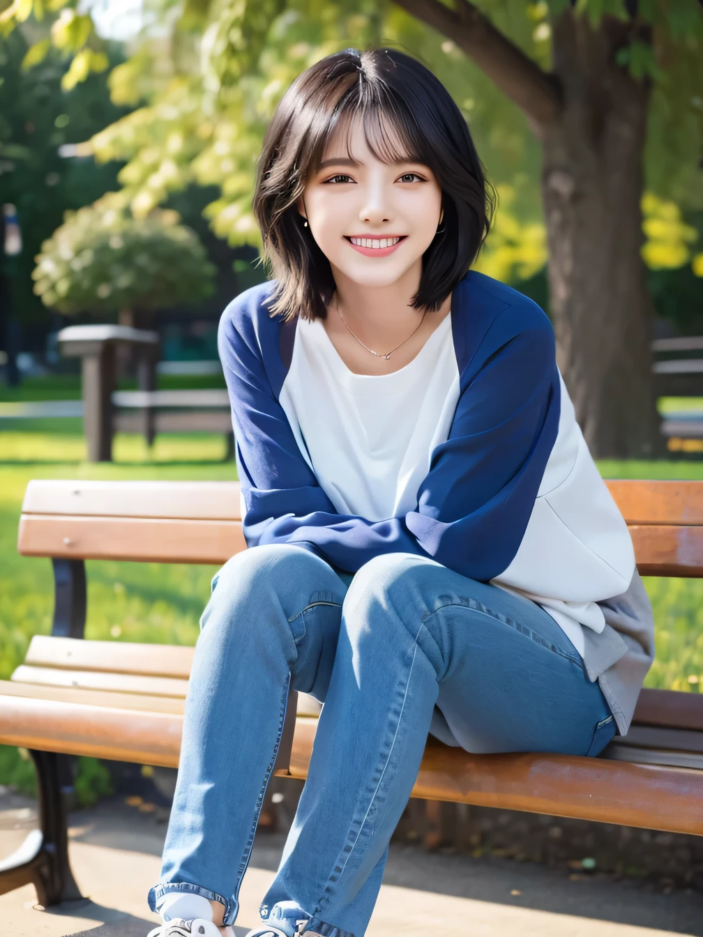 highest quality)), ((masterpiece)), (Get used to it), Perfect Face、((highest quality)), A neat and beautiful woman sitting on a park bench、Long sleeve blouse、Skinny jeans、sneakers、Black Hair、Short Haircut、smile、smile showing teeth、Full body photo、Ear Piercing Information