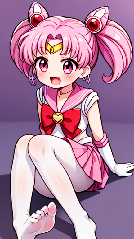 Sailor Moon,young年,Seven years old,cute,(Little Loli),Pink hair twintails,short hair,Sailor Suit,Red bow,White elbow gloves,Red Skirt,No shoes,Open your mouth,laughing out loud,Fangs,(White pantyhose),soles of feet,Soles,(young),(little man),sit