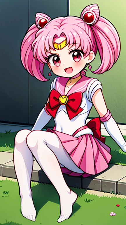 Sailor Moon,young年,Seven years old,cute,(Little ),Pink hair twintails,short hair,Sailor Suit,Red bow,White elbow gloves,Red Skirt,No shoes,Open your mouth,laughing out loud,Fangs,(White pantyhose),soles of feet,Soles,(young),(little man),sit