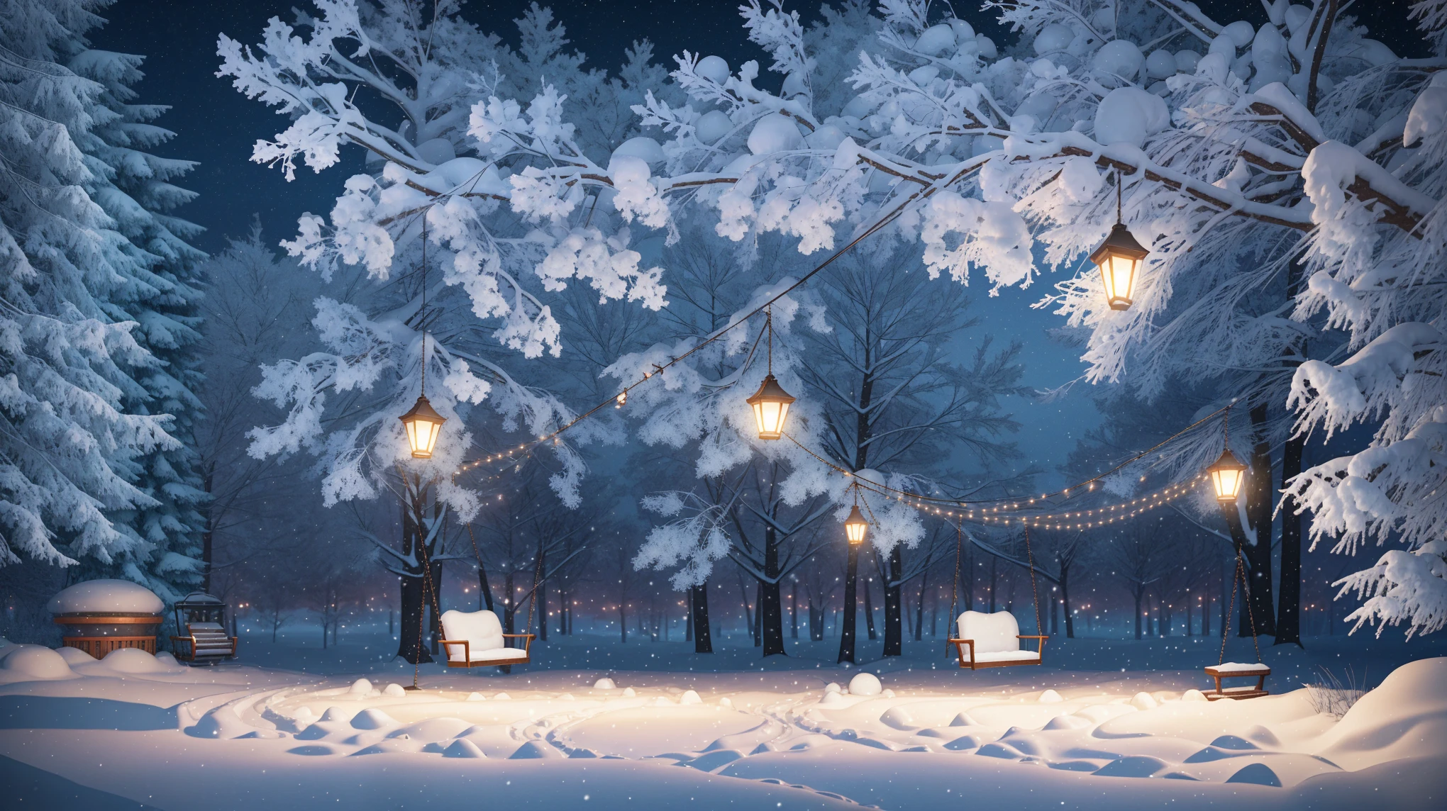 There is a lighted swing in the snow, Snowy Night, Winter Night, Cinematic outdoor lighting, Rendered in Cinema 4D, Render in Cinema4D, Inspired by Krzysztof Boguszewski, Night rendering, High-quality 3D rendering, High quality 3D rendering, Atmospheric cold lighting, realistic cinema 4 d render