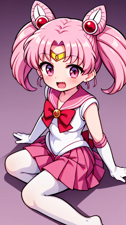 Sailor Moon,young年,Seven years old,cute,(Little Loli),Pink hair twintails,short hair,Sailor Suit,Red bow,White elbow gloves,Red Skirt,No shoes,Open your mouth,laughing out loud,Fangs,(White pantyhose),soles of feet,Soles,(young),(little man),sit