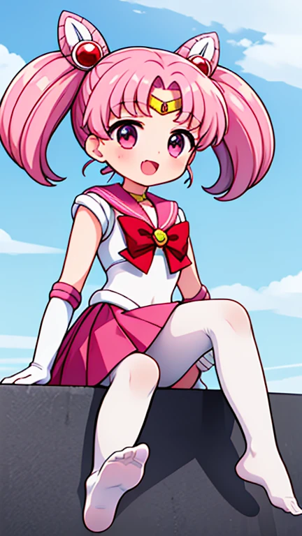Sailor Moon,young年,Seven years old,cute,(Little Loli),Pink hair twintails,short hair,Sailor Suit,Red bow,White elbow gloves,Red Skirt,No shoes,Open your mouth,laughing out loud,Fangs,(White pantyhose),soles of feet,Soles,(young),(little man),sit