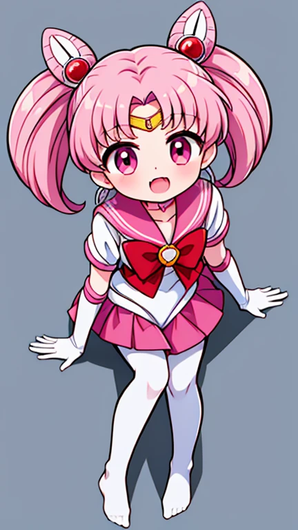 Sailor Moon，young年，Seven years old，cute，（Little ），Pink hair twintails，short hair，Sailor Suit，Red bow，White elbow gloves，Red Skirt，No shoes，Open your mouth，laughing out loud，Fangs，(White pantyhose),soles of feet，Soles，(young)，(little man)，sit