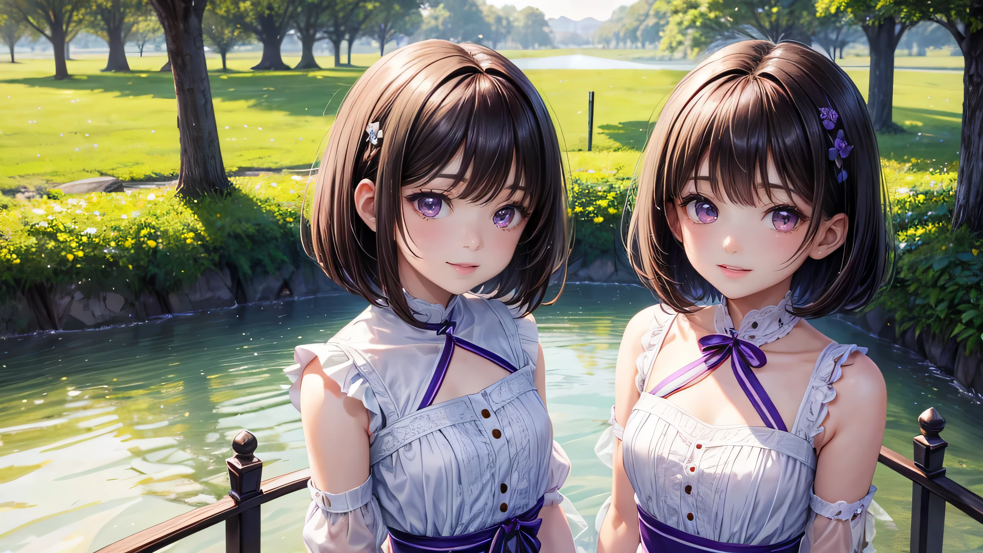 very cute(Twin girls)、dark brown hair、bob cut、short hair、Violet eyes、smile、Crystal clear white skin、whole body、grassland。8K、4K、high resolution、Fine-grained、