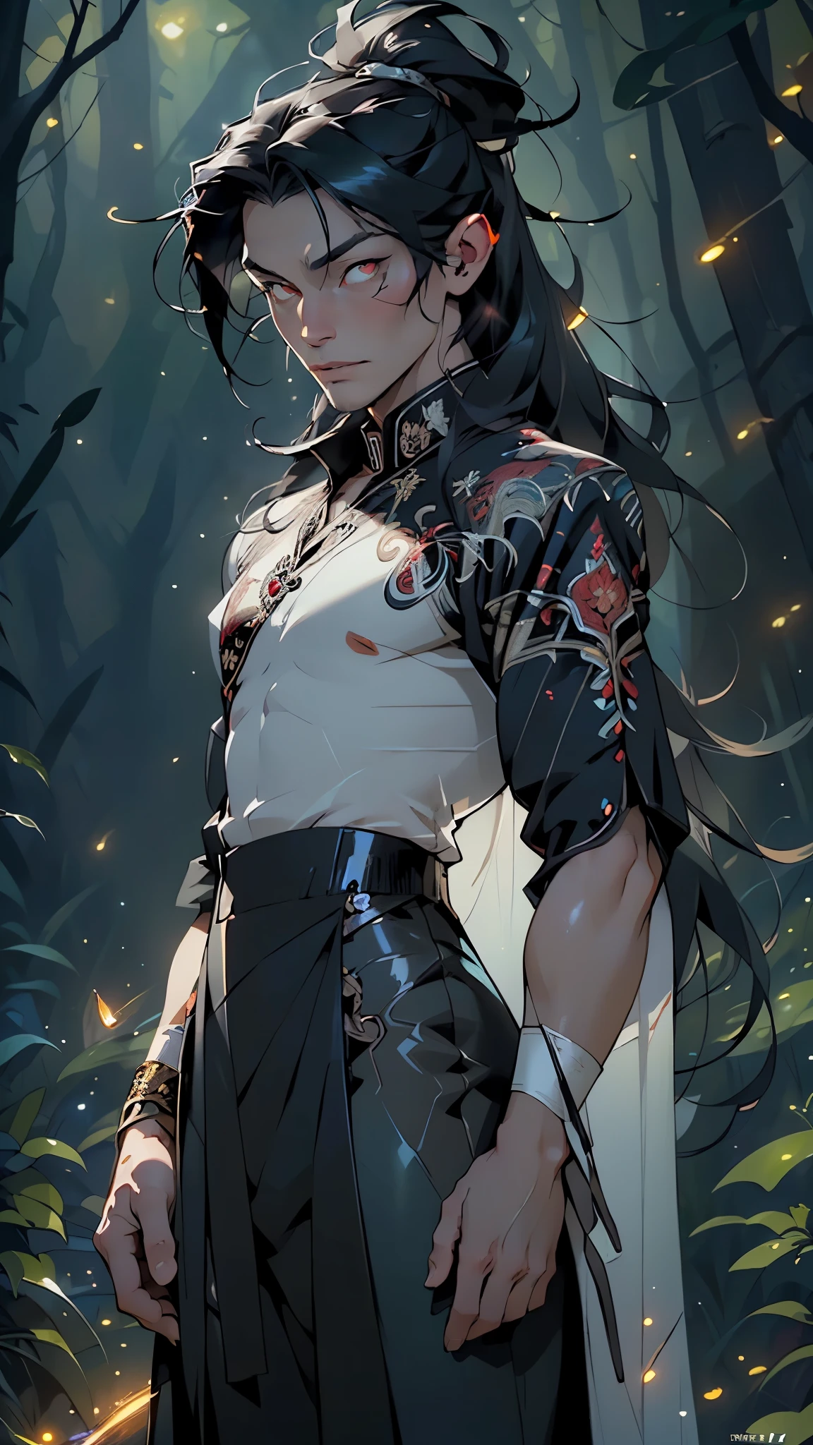 masterpiece, top quality, night, full moon, chinese style, ancient china, royal, cold expression, expressionless face, long black hair, light pink lips, calm, intellectual, triple band, gray pupil, assassin, short knife, flower ball background, street view walk, facial details, (male focus: 1.5), abs, (pectoral muscles: 1.2), correct limbs, (NSFW:1.0), (1boy: 1.2), femboy, prominent crotch, no breast,