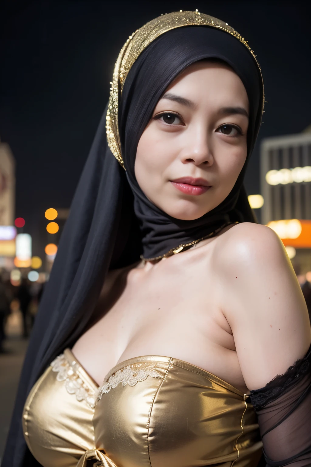 ((Lace)), (Happy smile), (((HIJAB MALAY GIRL))), masutepiece, High quality, UHD 32K, Realistic face, Realistic skin feeling , A Japanese Lady, 58 years old lady, , Very cute and baby-like face, (((FLAT CHEST))), (Night time at forest), ((look In front  at the camera and SADNESS)), (((GOLD FLUORESCENT))), (((CUTE GIRL))), ((GOLD FLUORESCENT LIPS)), ((Floral Pattern)) little wearing strapless bra, strapless colorful bra, dark night background , black forest night, horror scary place, (huge saggy breast), ((HEAVY HUGE BREASTS)), (from behind up) seductive pose