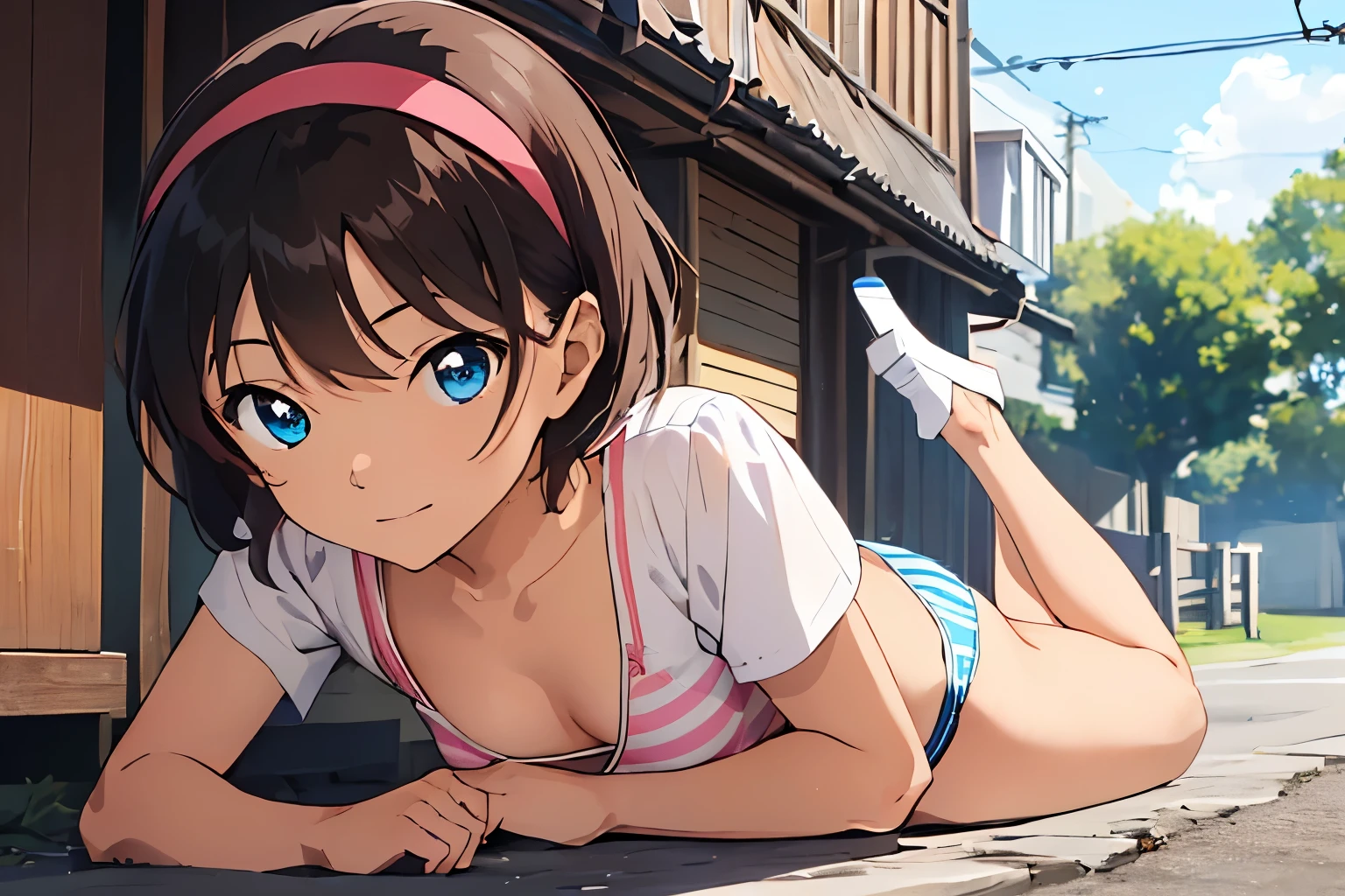 Sitting,Panty shot,(beautiful,Small breasts:1.5),Yoshida Ayumi,One girl, alone,((( brown hair, short hair,pink hair band,blue eyes))),smile, 1girl,6years old,Detective Conan, shirt,miniskirt ,(((blue striped panties))),masterpiece ,8k unity wallpaper,anime key visual,highest quality, High resolution, unity 8k wallpaper, (shape:0.8), highly detailed face,highly detailed eye,glowing eyes , shiny skin,fine skin,white skin,dense skin,detailed hair,highly detailed legs,perfect lighting, Detailed CG, (perfect hands, perfect anatomy),High resolution,(Detailed wear ),slender limbs, delicate curves, dainty hands,figure:0.8,