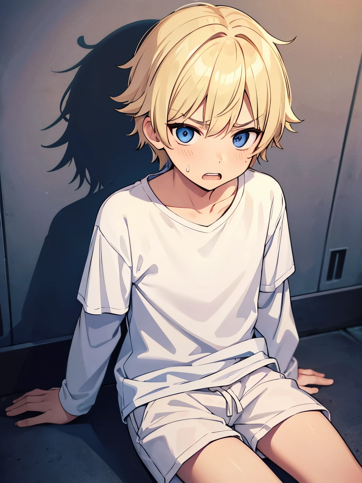 Baby boy,guy,1 years old,Short blonde hair, pixie cut,blue eyes, super cute, very cute, wearing White long sleeve t-shirt, white shorts, Plain t-shirt,Crying, hysterical, tears coming out, Screaming, Sitting in prison