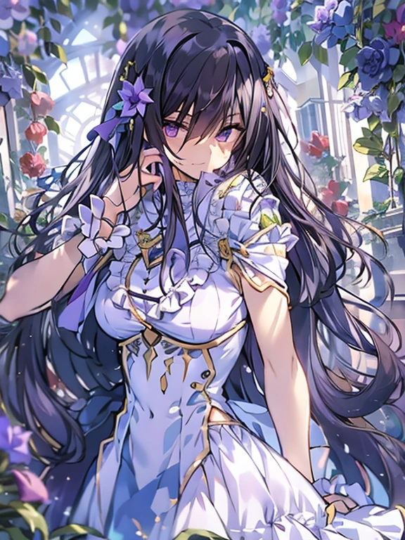 masterpiece, best quality, 1 girl,solo,codegeass,lelouch,Feminization、Feminization,18-year-old、 Long Hair、Black Hair、beautiful purple eyes、Beautiful Hair、170cm, Small waist、Beautiful body、Beautiful breasts、A purple summer dress that reflects the whole body、Blue rose corsage