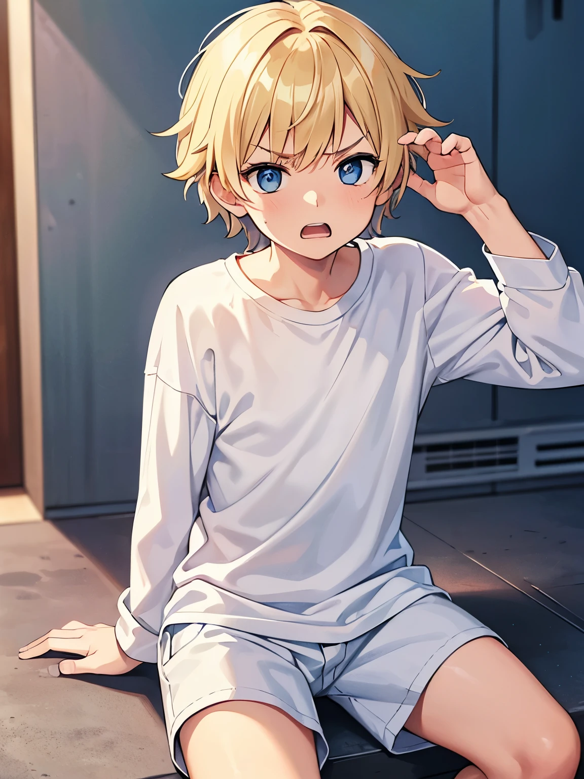 ,guy,5 years ol expression, teeth showing,Short blonde hair,blue eyes,messy hair, wearing White t-shirt,plain t-shirt,long sleeve t-shirt, white shorts, Plain t-shirt,Sitting in prison,half body photo