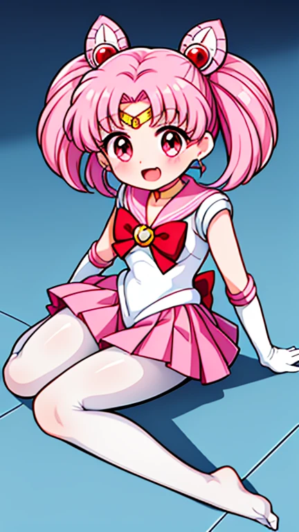 Sailor Moon，young年，Seven years old，cute，（Little Loli），Pink hair twintails，short hair，Sailor Suit，Red bow，White elbow gloves，Red Skirt，No shoes，Open your mouth，laughing out loud，Fangs，(White pantyhose),soles of feet，Soles，(young)，(little man)，sit