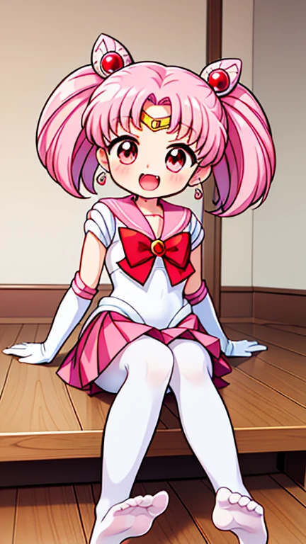 Sailor Moon，young年，Seven years old，cute，（Little ****），Pink hair twintails，short hair，Sailor Suit，Red bow，White elbow gloves，Red Skirt，No shoes，Open your mouth，laughing out loud，Fangs，(White pantyhose),soles of feet，Soles，(young)，(little man)，sit