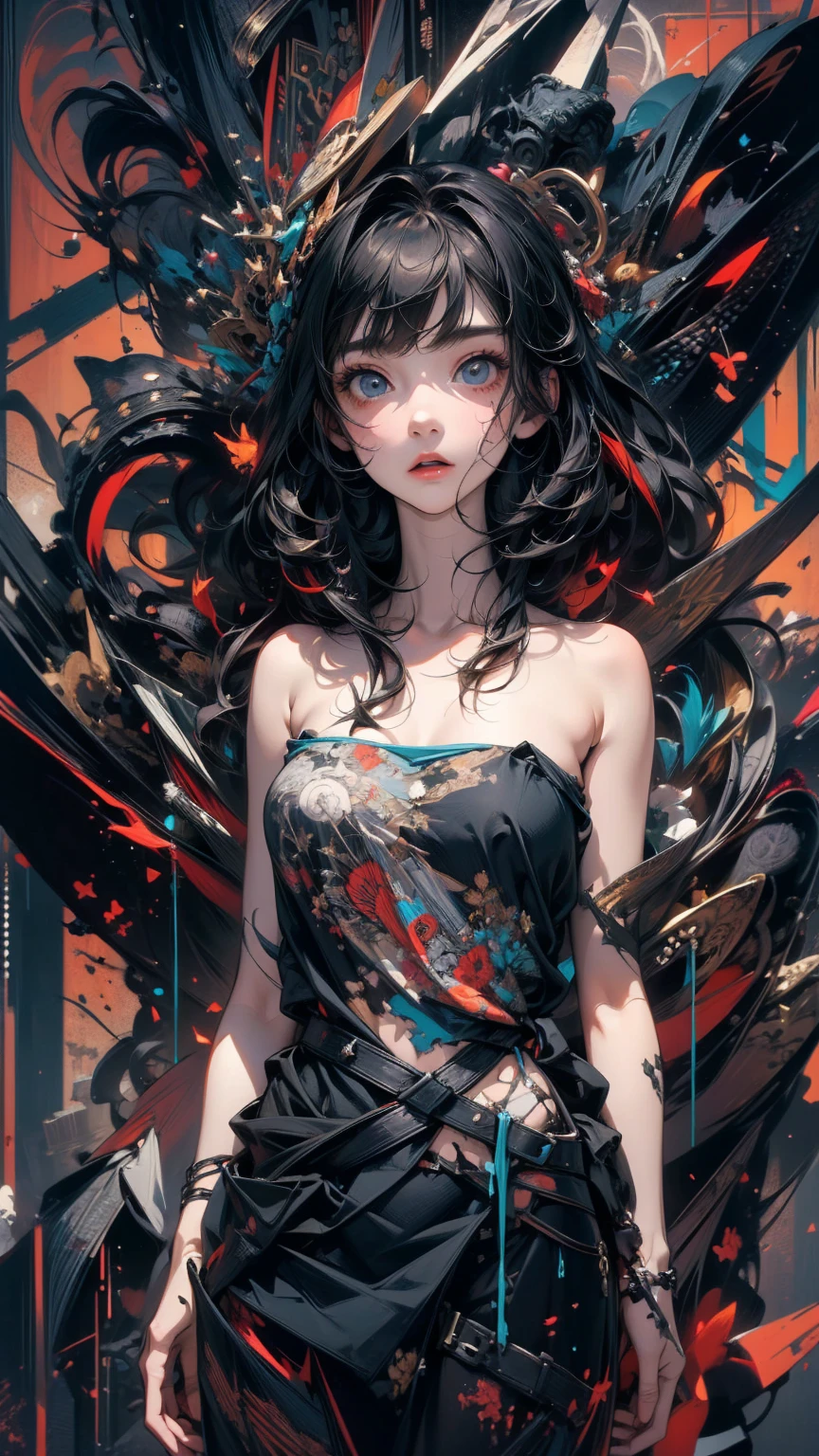 (masterpiece, High resolution, highest quality), Composition from head to thighs:1.3, Upper body focus, 20-year-old woman, Wearing a large piece of black cloth:1.2, Disorganized, Collage with monsters, abstract design, artistic juxtapositions, Black Background, mixed-media approach, Anime Style, Simple lines, Digital Painting,