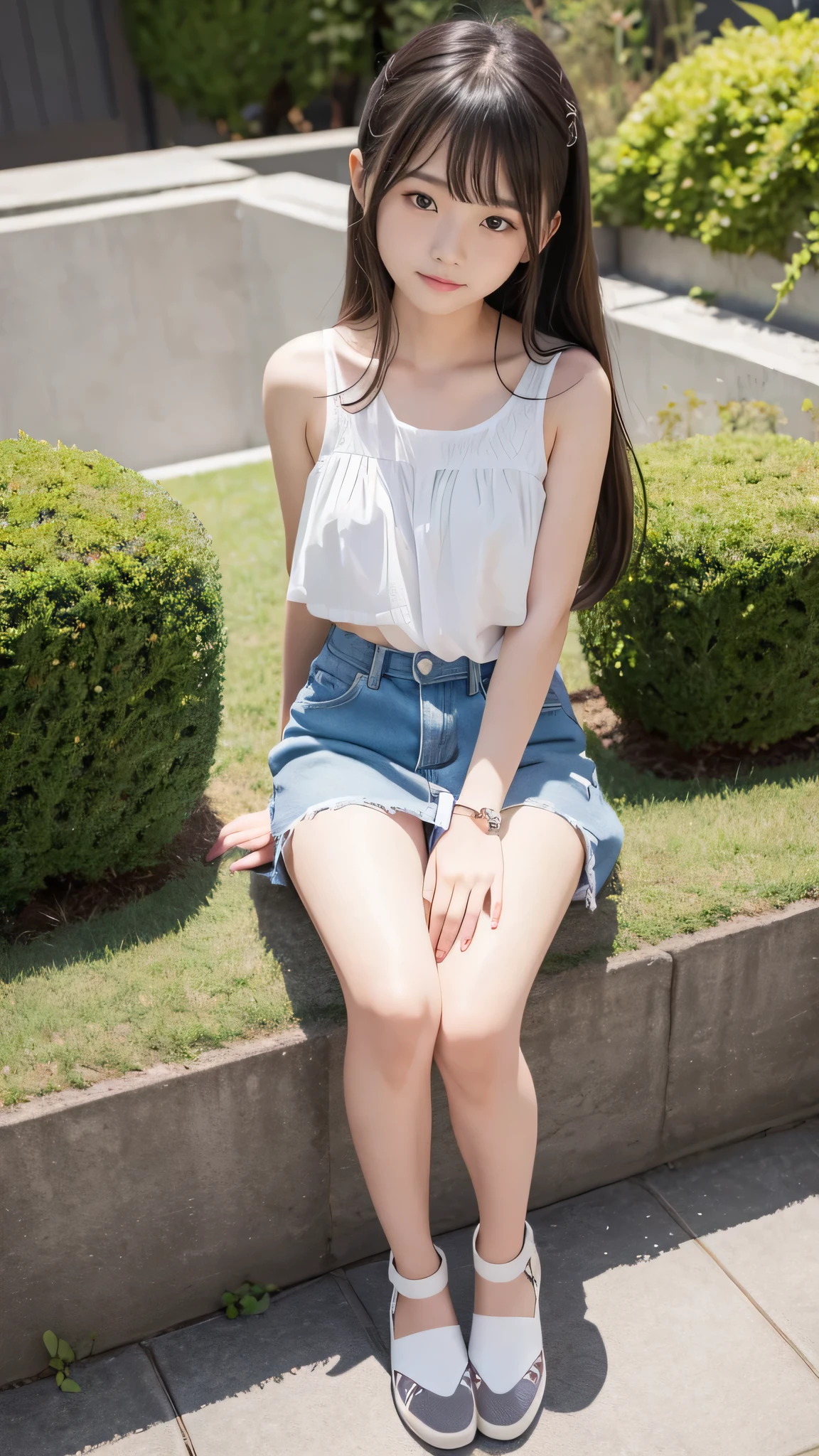 、Cute Woman、Cute face、Cute Smile、(11 years old shot、80mm、well-shaped chest、There is a slight swelling of the chest、Lazy smile、Thin purple long-sleeved kimono、thin purple mini skirt、Medium Long Hair、Dark brown hair、garden、Squirting、cherry blossoms、Because I'thin、Beautiful and slim legs、Clear white skin、Sit on、