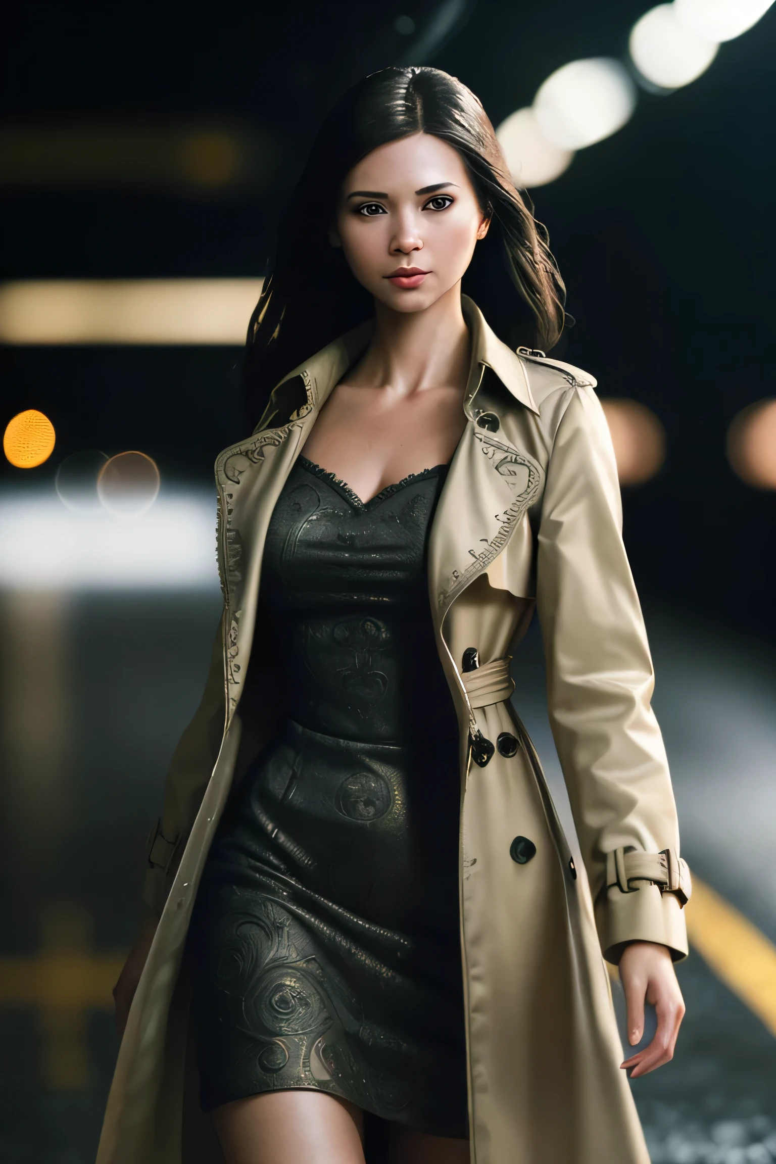 (masterpiece), (extremely intricate:1.3), (realistic), a girl, (future nostalgia), (dynamic perspective), dynamic angle, the most beautiful in the world, trench coat, camisole dress, smirk, tunnel, professional photograph of a stunning woman detailed, sharp focus, dramatic, award winning, cinematic lighting, octane render unreal engine, volumetrics dtx, (film grain, blurry background, blurry foreground, bokeh, depth of field)