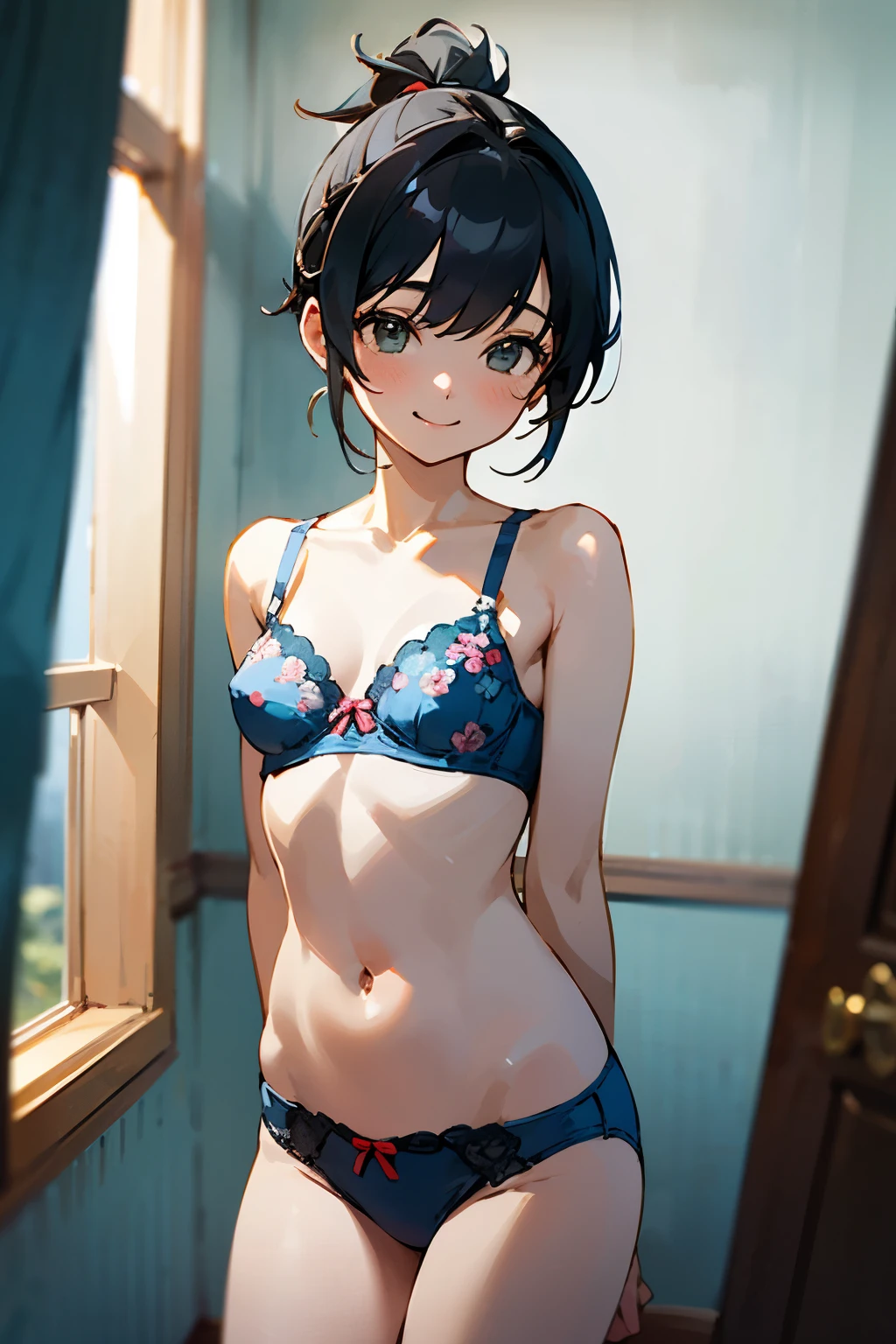 NSFW、In the best quality、age girl standing in a room。In high resolution、Beautiful details、Quiet atmosphere。Black hair ponytail、Cute Smile.。Small breasts、Cute floral blue bra、Wearing cute floral blue panties。