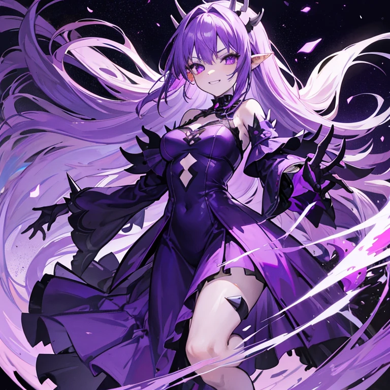 Ghost, (monster girl), purple skin, spikes, spiky purple hair, a fanged grin, floating hands, dressed in a dark-purple dress, floating in midair, masterpiece, best quality