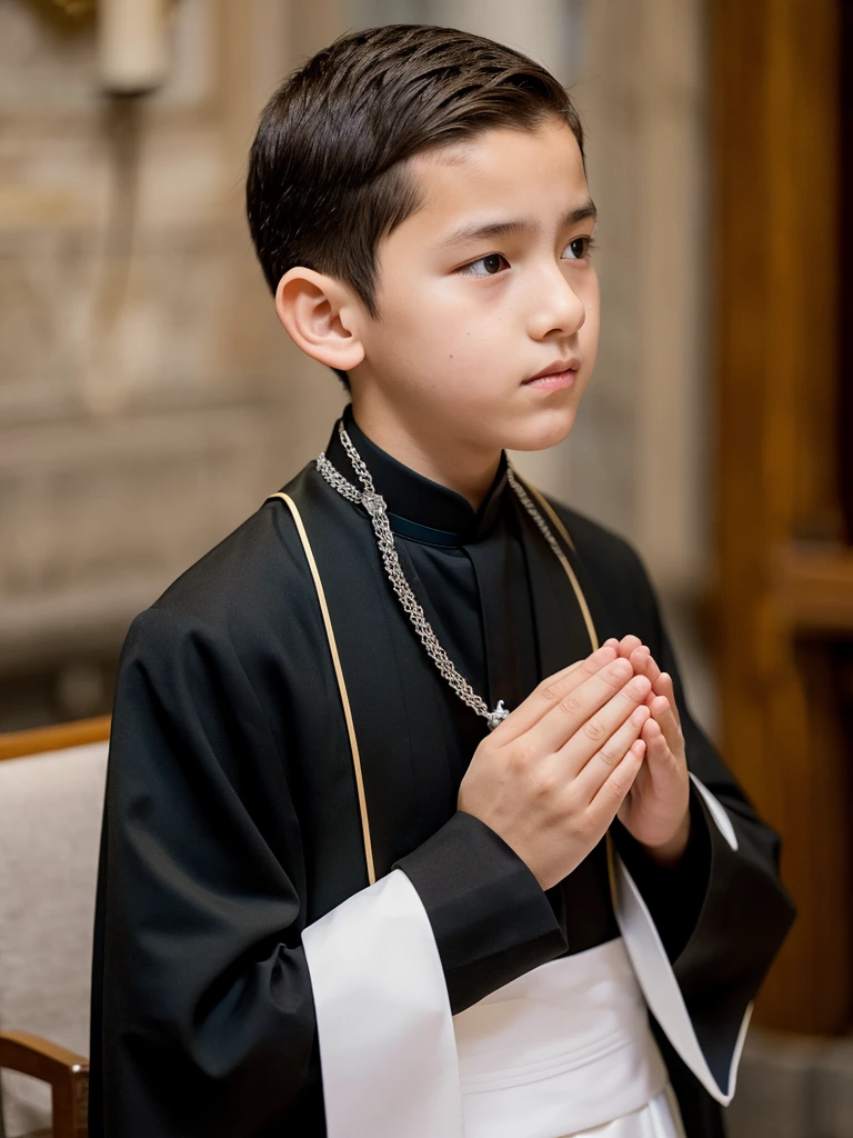 A 13-year-old boy wearing a black cassock with a waist sash praying the rosary, a boy with white skin, light brown hair, a fine face