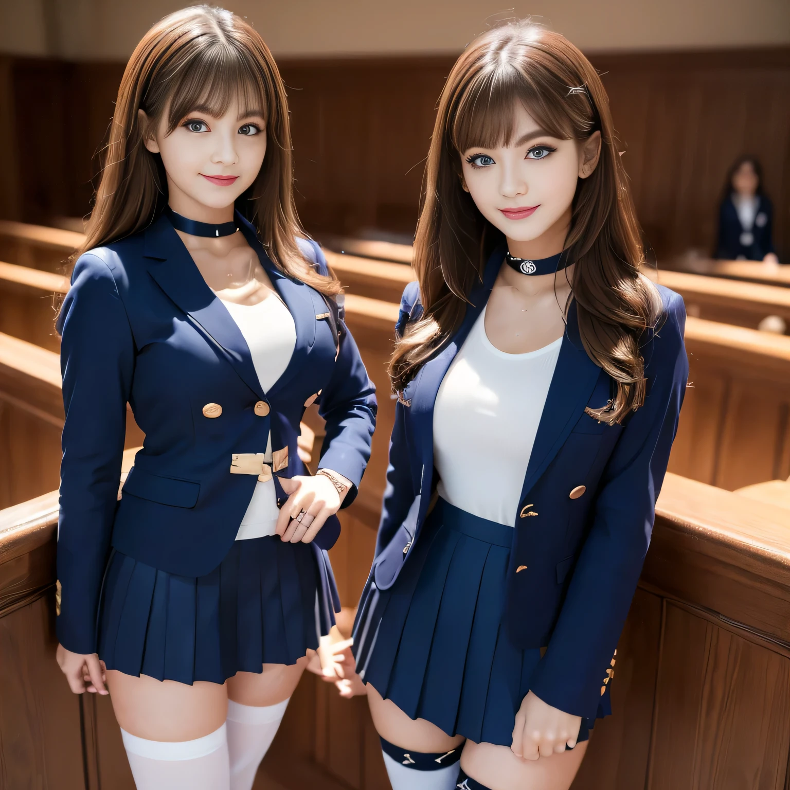 ((masterpiece, High resolution)), ((Thousands, Crowd)), girl, group, clone, (( brown haired girl, blonde girl)), elegant, rich girl, Emotionless, Arms at your sides, Straight spine, (((Matching outfits, Same clothes, Navy blue uniform, Sexy Uniform, Navy blue blazer, Short skirt, White knee socks, Long white socks, Black high heels))), Upright immobile posture, shoulder to shoulder, Same pose, sisters lined up neatly, Many lines, Crowd Shot, ((Black Choker, blue eyes, Very long eyelashes, bangs, Big Breasts, smile)),slim、lecture hall