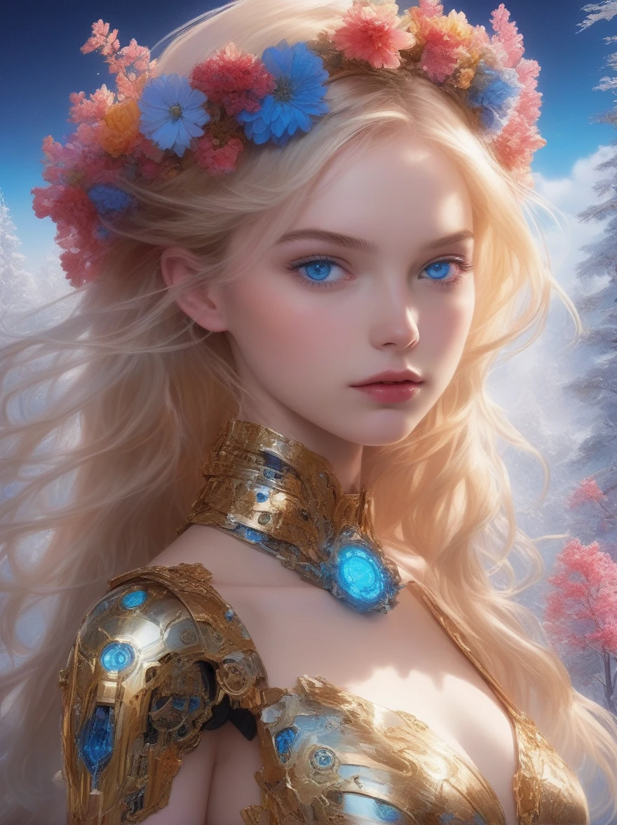 (((covered in flowers))), (1girl), blue eyes, night sky, robot joints, (raw flesh:1.3), [blonde hair:3] faize, fire and ice, (image split in half with multiple colours), ((cogs attached to body:1.1)), gold plates, blue eyes, sapphire, liquid metal, night sky, (looking at an angle:1.3), (fire and ice), ((ral-chrome)), [hair bow:2], [forest:3], [fog:3]