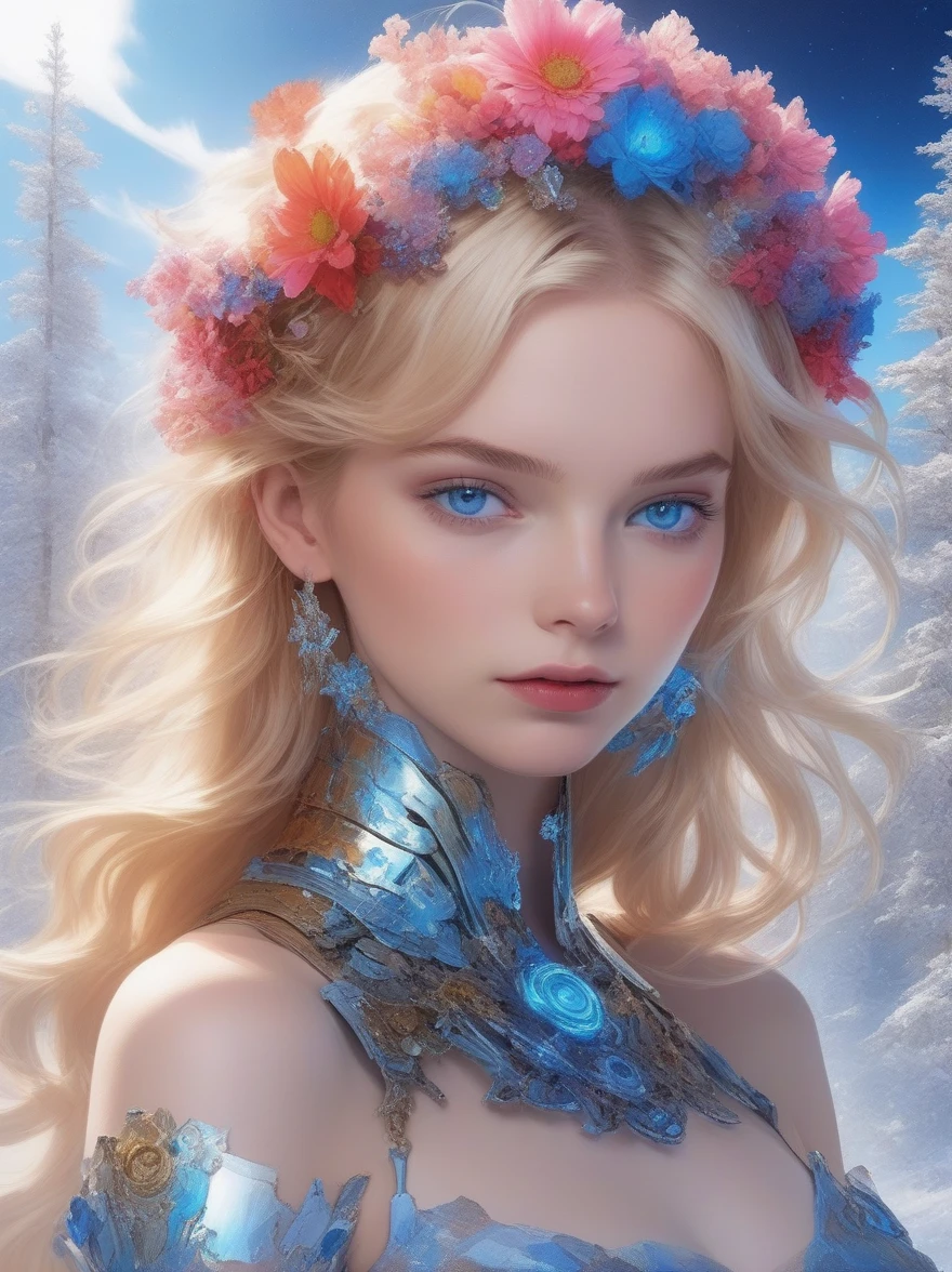 (((covered in flowers))), (1girl), blue eyes, night sky, robot joints, (raw flesh:1.3), [blonde hair:3] faize, fire and ice, (image split in half with multiple colours), ((cogs attached to body:1.1)), gold plates, blue eyes, sapphire, liquid metal, night sky, (looking at an angle:1.3), (fire and ice), ((ral-chrome)), [hair bow:2], [forest:3], [fog:3]