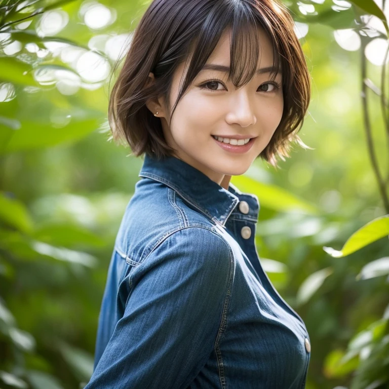 A beautiful Japanese woman in her thirties with short hair, wearing a dark blue long-sleeved cotton shirt and jeans pants, looks back at me and smiles in the sunlight filtering through the leaves of a fresh green forest. Focal length 100mmf/2.8, spring morning, sunny, forest road in a natural park, well-shaped face, toned body, close-up of expression, sense of presence, 8K image quality, highest quality.