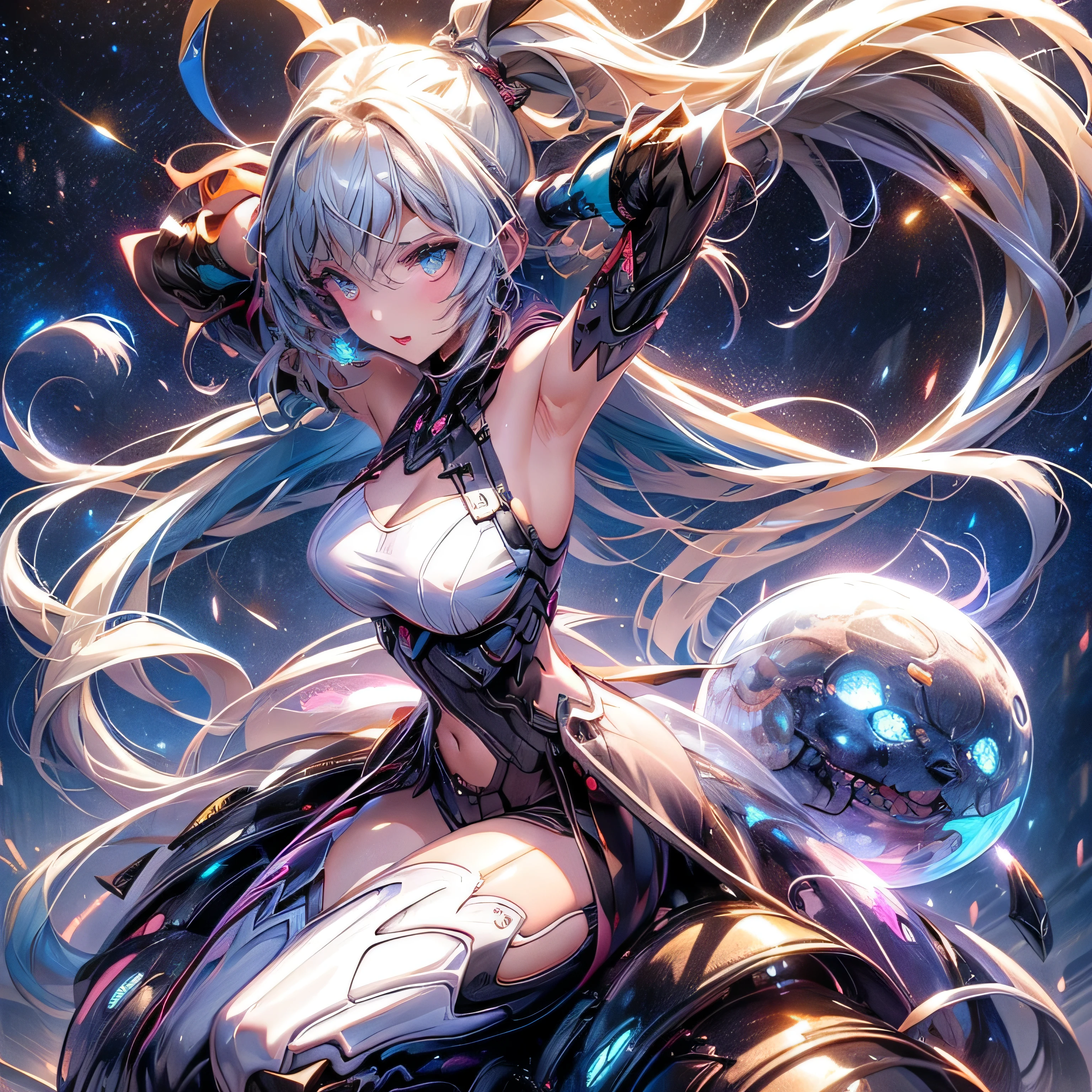intricate illustration in imaginative and cyberpunk surrealist art style, bust of a translucent blue twin-tailed ether machine girl from a transparent large culture tank, blue and white mechanical body, blue tubes resembling blood vessels connected to neck and back, clear blue culture solution in the tank up to shoulders, tube connected to an external machine, girl with eyes closed looking down, Full body view from the front,high quality, high precision, 4k, 8k, ultra detailed