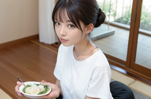 best quality, detailed, beautiful, insanely detailed, absurdres,perfect anatomy, Japanese woman,black hair,27 years old, (slender), (small breasts),
blissful, cheerful grin, having a meal, sitting on the floor, hair bun, white t-shirt, green shorts, (Scene of eating sukiyaki:1.2), japanese, in the living room, calm atmosphere, full body shot, front view