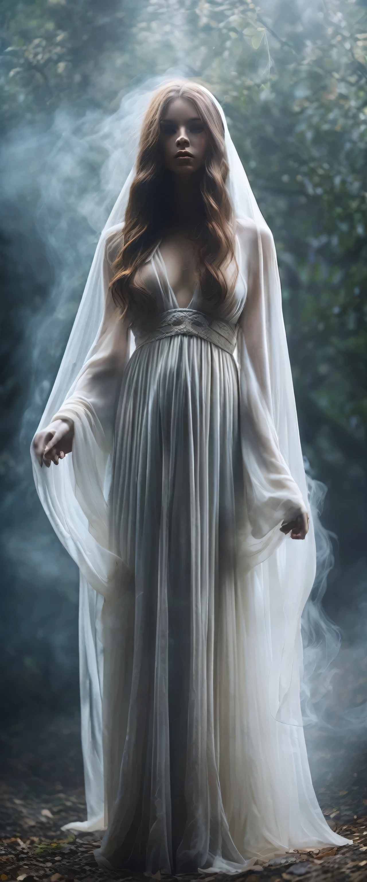 A full body photo of a transparent ghost girl, her ethereal figure embraced by a gentle mist, a huge breast concealed by translucent fabric, a very thin waist accentuating her otherworldly figure, and big buttocks round and defined despite being made of ghostly matter. The ghost girl wore long flowing robes, her hair a wisp of smoke, her eyes glowing with an otherworldly light, adding to the mystical and eerie atmosphere surrounding her. The scene was captured in stunning detail, the high-quality photo revealing every curve and contour, every ripple in the ghostly flesh, a masterpiece of supernatural beauty. (1.4 resolution, ultra-high definition,