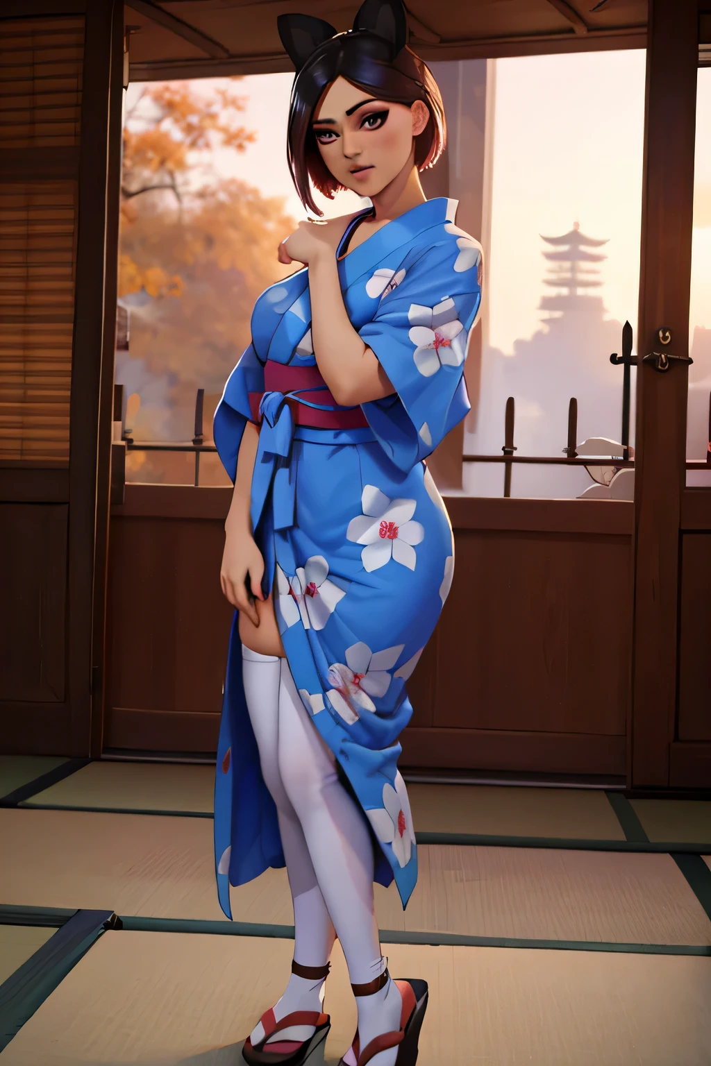 lince , Japanese yukata dress with big white stockings ,Noche ,Extremadamente detallado, rostro detallado ,hermoso rostro, ojos finos, mirando al espectador, pose femenino.