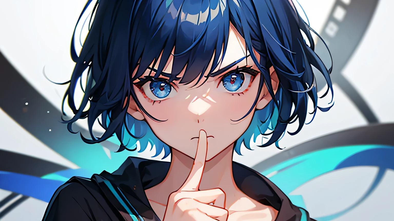 One girl, bangs, Eyebrows visible through hair, short hair, Blue Hair, casual, Point your finger at viewers, View the viewer, Angry reactions,