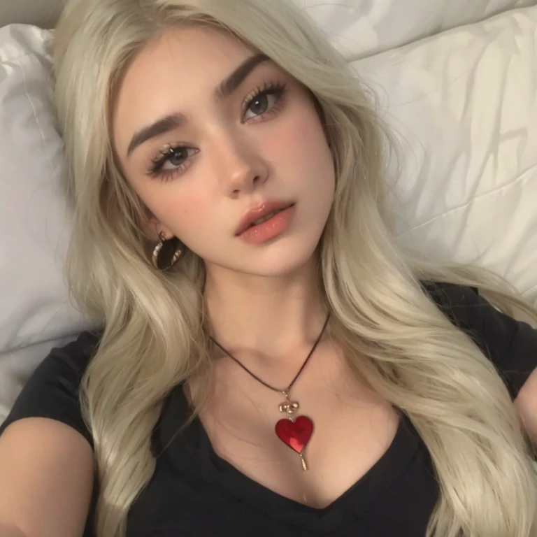 Blonde woman with long hair and a heart pendant lying on a bed, ava max, chica perfecta de pelo blanco, long cabello rubio y ojos grandes, cabello rubio y ojos grandes, tifa lockhart con el pelo blanco, Kailee Mandel, con pelo largo y rubio, retrato de kim petras, pelo largo y rubio y ojos grandes, pale skin persian girl