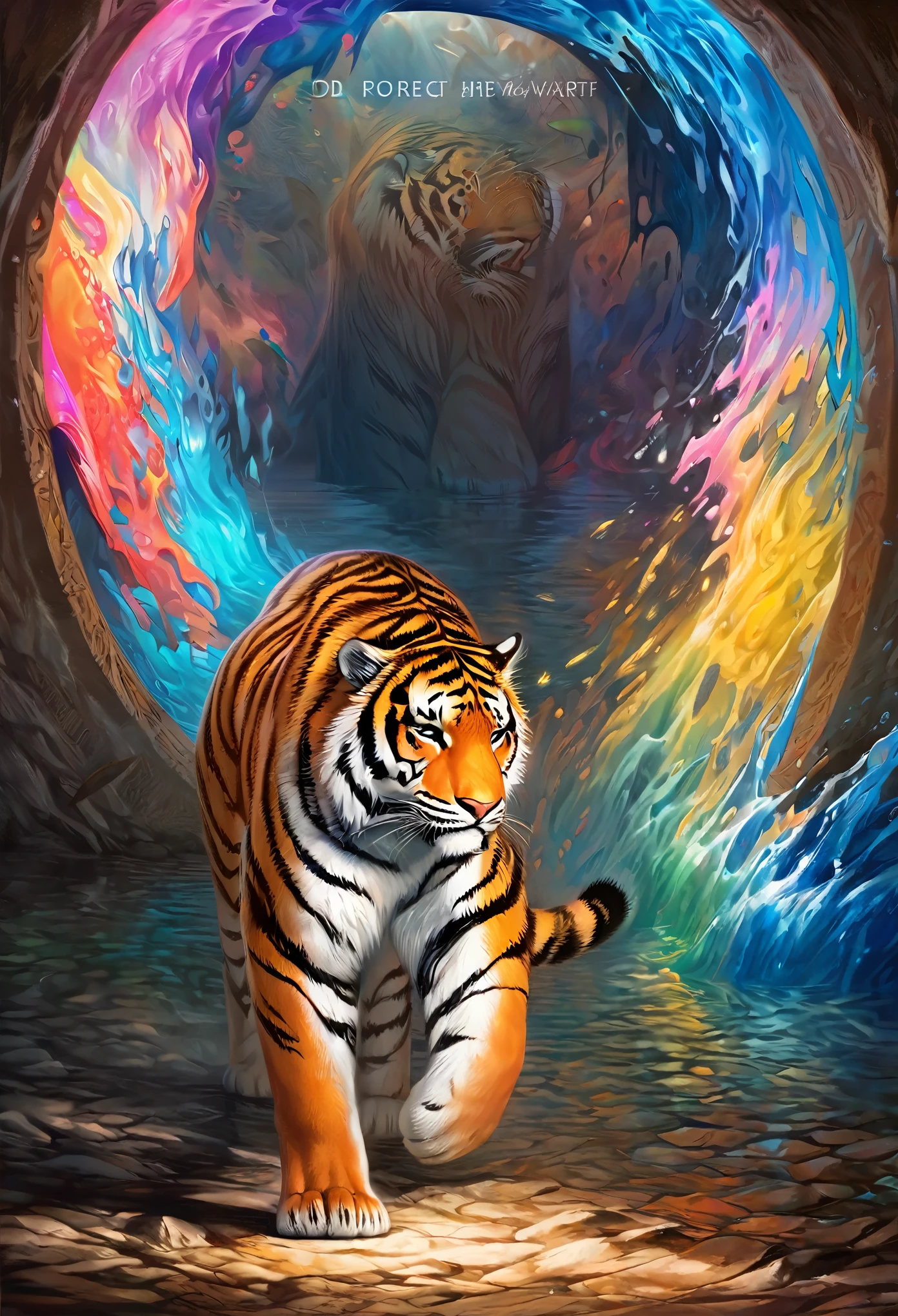cover page, highres, top quality, best quality, paid reward available, unparalleled masterpiece, perfect artwork, absurdres, High-quality illustrations, super high resolution, detailed background, perfect anatomy, tiger and girl, Tiger painting, A flash of light runs, Colorful water levitation(2D:1.5) ((dramatic))epic, One scene of movie,