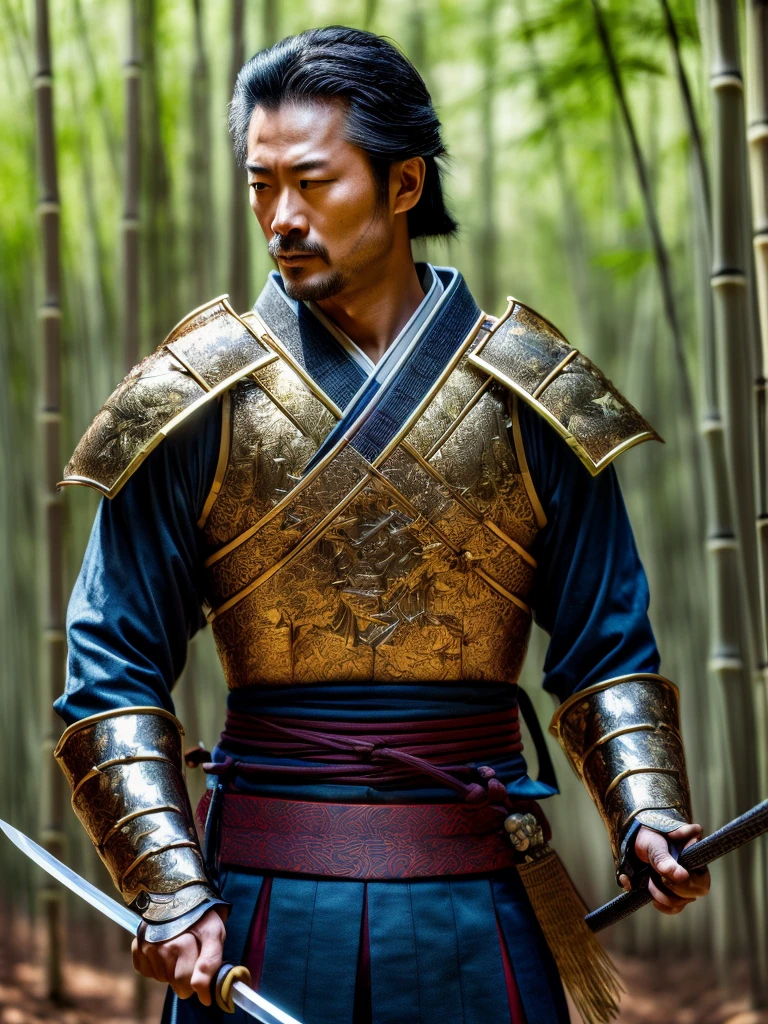 (a skilled swordsman),(traditional Japanese style),(standing in a bamboo forest),(wearing samurai armor),(holding a katana),(determined expression),(golden sunlight filtering through the trees),(subtle mist in the air),(fine details on the armor),(vibrant colors with a touch of sepia toning),(sharp focus on the swordsman),(dynamic pose with sword raised),(subtle cherry blossom petals drifting in the background),(realistic, photorealistic:1.37),(ultra-detailed),(best quality, 4k, highres:1.2)