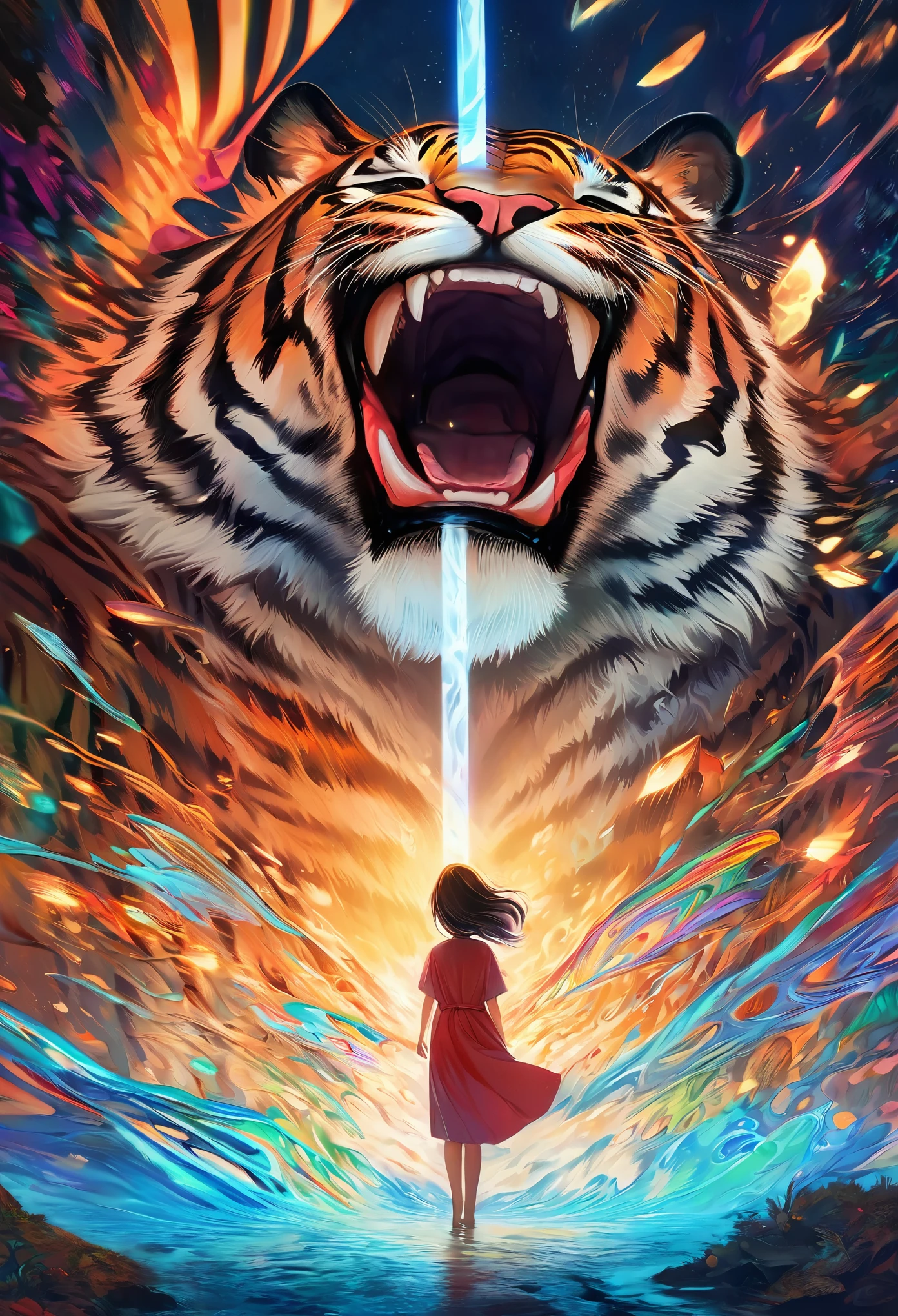 cover page, highres, top quality, best quality, paid reward available, unparalleled masterpiece, perfect artwork, absurdres, High-quality illustrations, super high resolution, detailed background, perfect anatomy, tiger and girl, Tiger painting, A flash of light runs, Colorful water levitation(2D:1.5) ((dramatic))epic, One scene of movie,