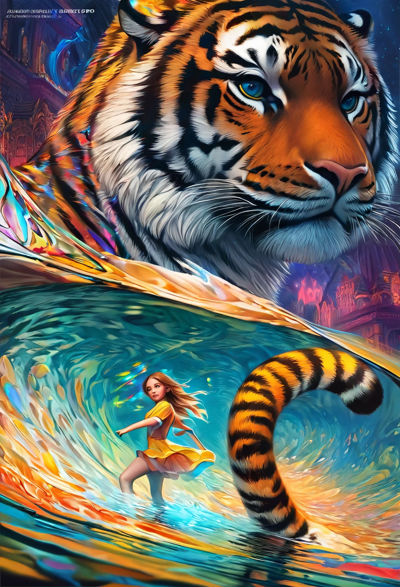 cover page, highres, top quality, best quality, paid reward available, unparalleled masterpiece, perfect artwork, absurdres, High-quality illustrations, super high resolution, detailed background, perfect anatomy, tiger and girl, Tiger painting, A flash of light runs, Colorful water levitation(2D:1.5) ((dramatic))epic, One scene of movie,