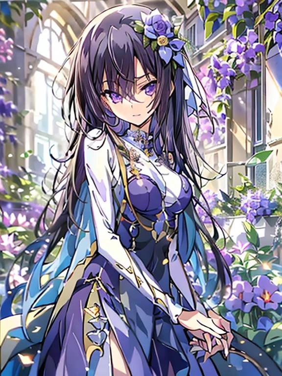 nswf、masterpiece, best quality, 1 girl,solo,codegeass,lelouch,Feminization、Feminization,18-year-old、 Long Hair、Black Hair、beautiful purple eyes、Beautiful Hair、170cm, Small waist、Beautiful body、Beautiful breasts、A purple summer dress that reflects the whole body、Blue rose corsage