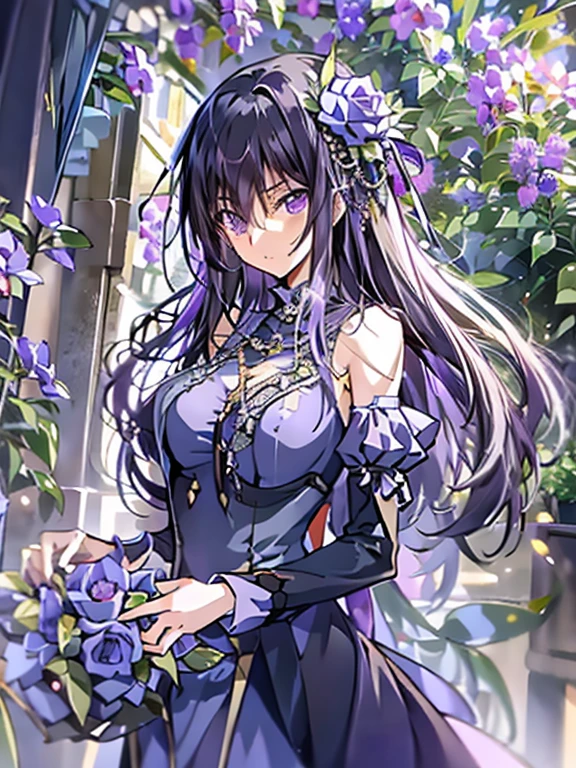 nswf、masterpiece, best quality, 1 girl,solo,codegeass,lelouch,Feminization、Feminization,18-year-old、 Long Hair、Black Hair、beautiful purple eyes、Beautiful Hair、170cm, Small waist、Beautiful body、Beautiful breasts、A purple summer dress that reflects the whole body、Blue rose corsage