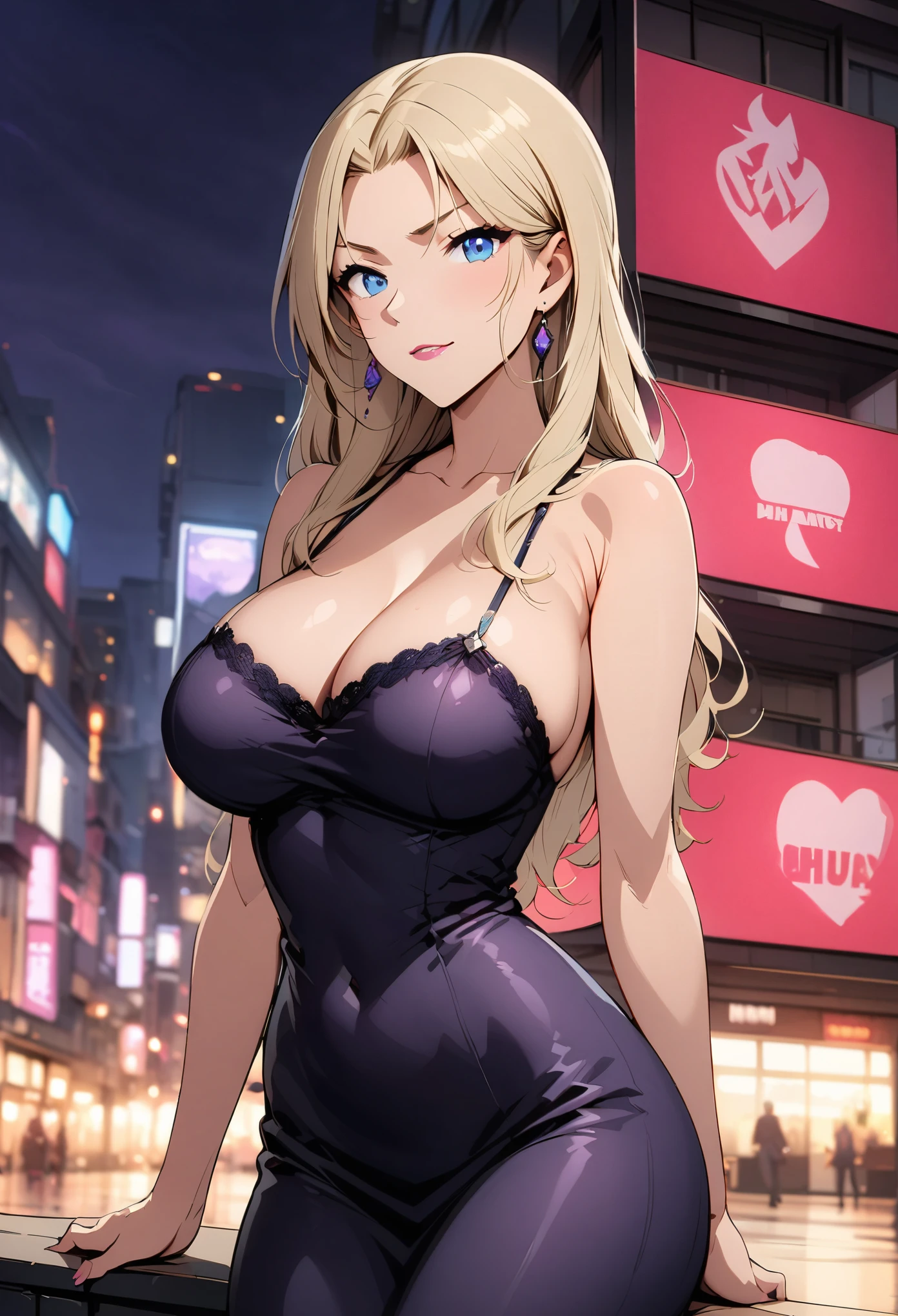 （best quality,masterpiece,blond hair,Purple evening dress：1.2），Perfect body,full-body shot,Cool poster，36 years old，Mature beauty,individual,Anime style
