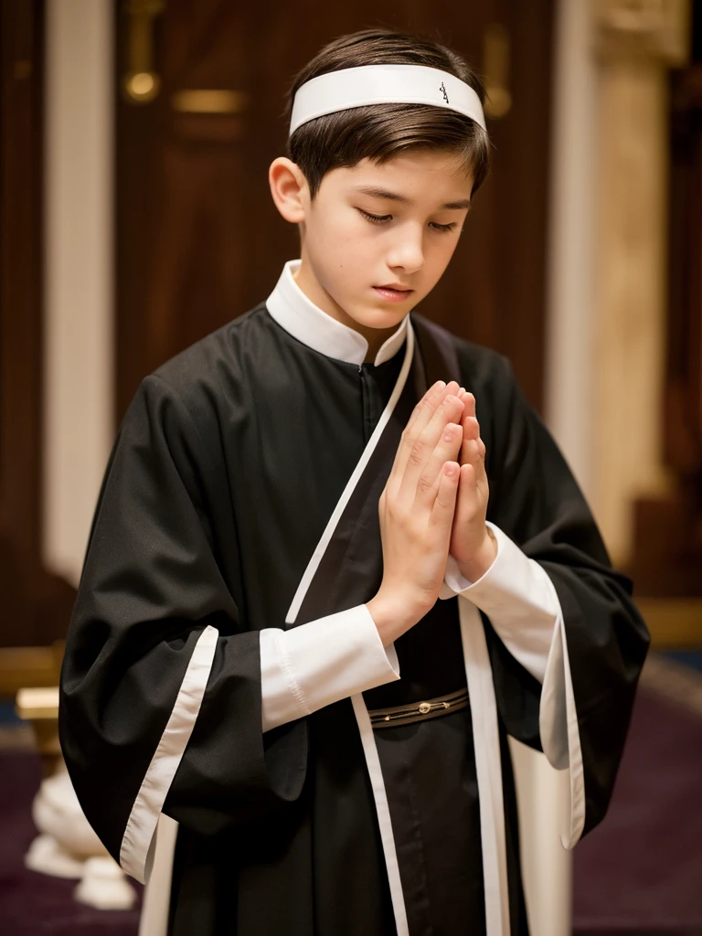 A 13-year-old boy wearing a long-sleeved black cassock with a waist sash praying the rosary, white-skinned boy, light brown hair, fine face, American features