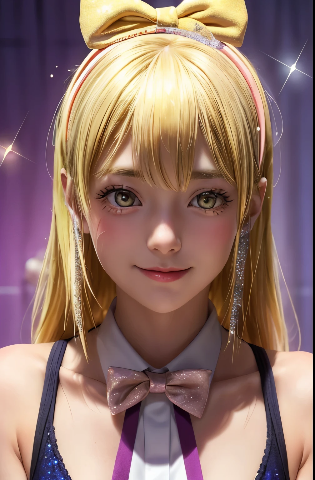 masterpiece, One girl, Lemon Irvine, Blonde, head band, bow tie, , blush, performer, glitter, Shine