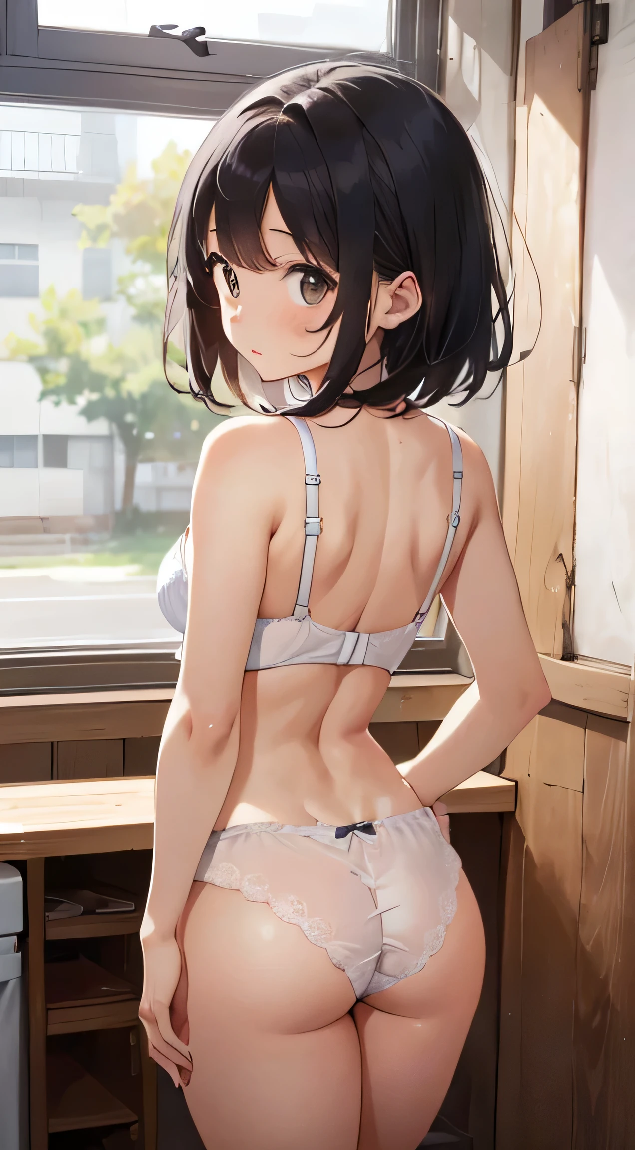 Masterpiece to the smallest detail、top-quality、realisitic、1girl in、solo、18year old、Looks like 、140cm beautiful girl、、5 year old baby face、Silky hair、 big eyes、A lovely 、Classroom、beatiful detailed eyes、Realistic eyes、Professional effects、Enhanced elegance、white panties,white bra,cameltoe,standing,Black Hair、Bobcut,from back,slender、Lean、Slender、Ass Round Ass